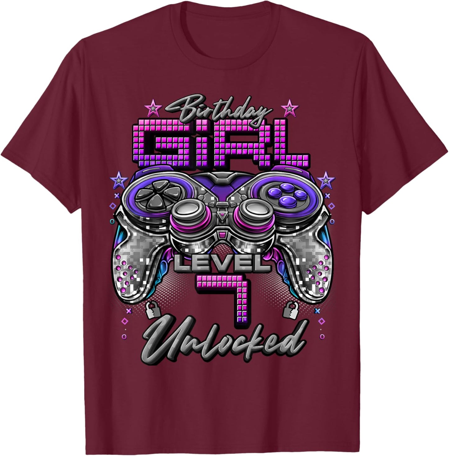 Gamer Girl Level 7 Unlocked 7th Birthday Video Gaming Girl T-Shirt - T-Shirt | Maroon