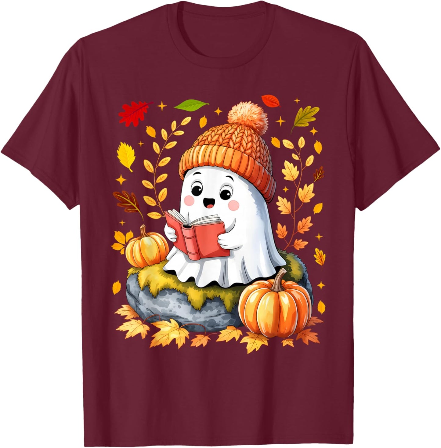 Cute Drinking Coffee Halloween Ghost Ice T-Shirt - T-Shirt | Maroon
