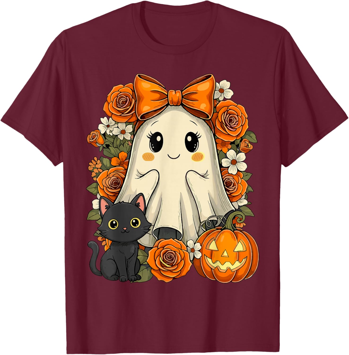 Kawaii Ghost Cat Pumpkin Floral Halloween T-Shirt - T-Shirt | Maroon