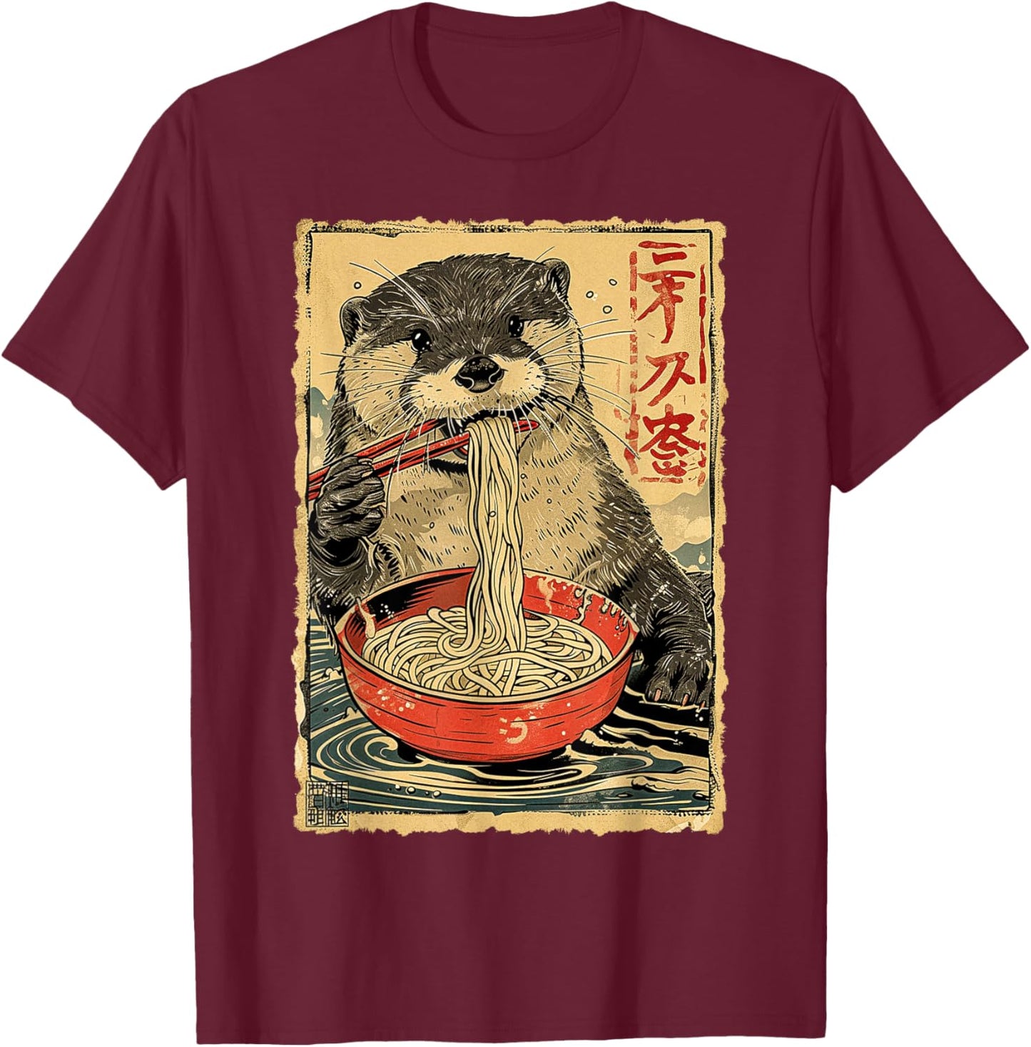 Funny Vintage Japanese Art Otter Eating Ramen Noodles Kids T-Shirt - T-Shirt | Maroon