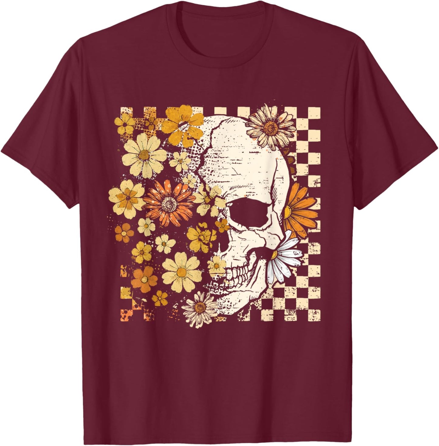 Vintage Skull Flower Halloween Fall Thankgiving Costume T-Shirt - T-Shirt | Maroon