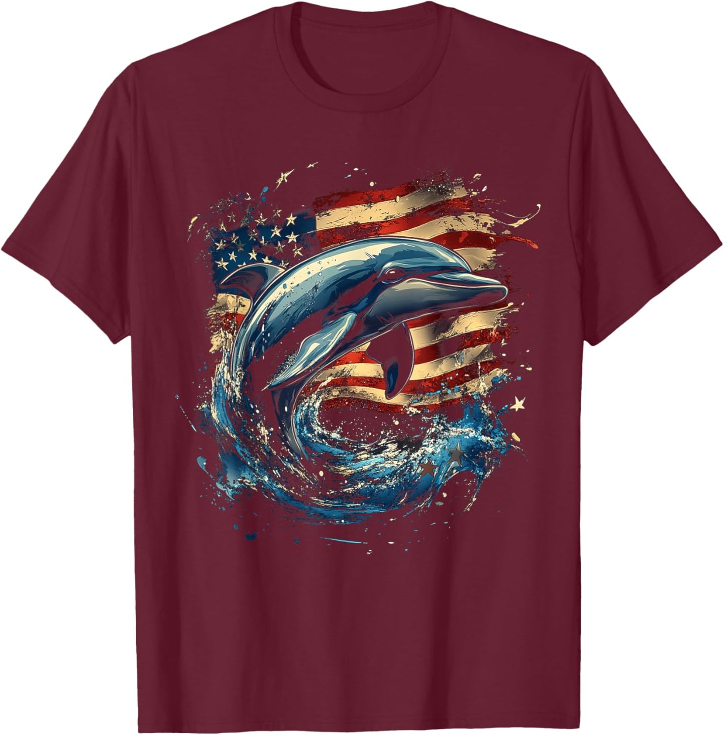 Patriotic Dolphin with American Flag Design T-Shirt - T-Shirt | Maroon
