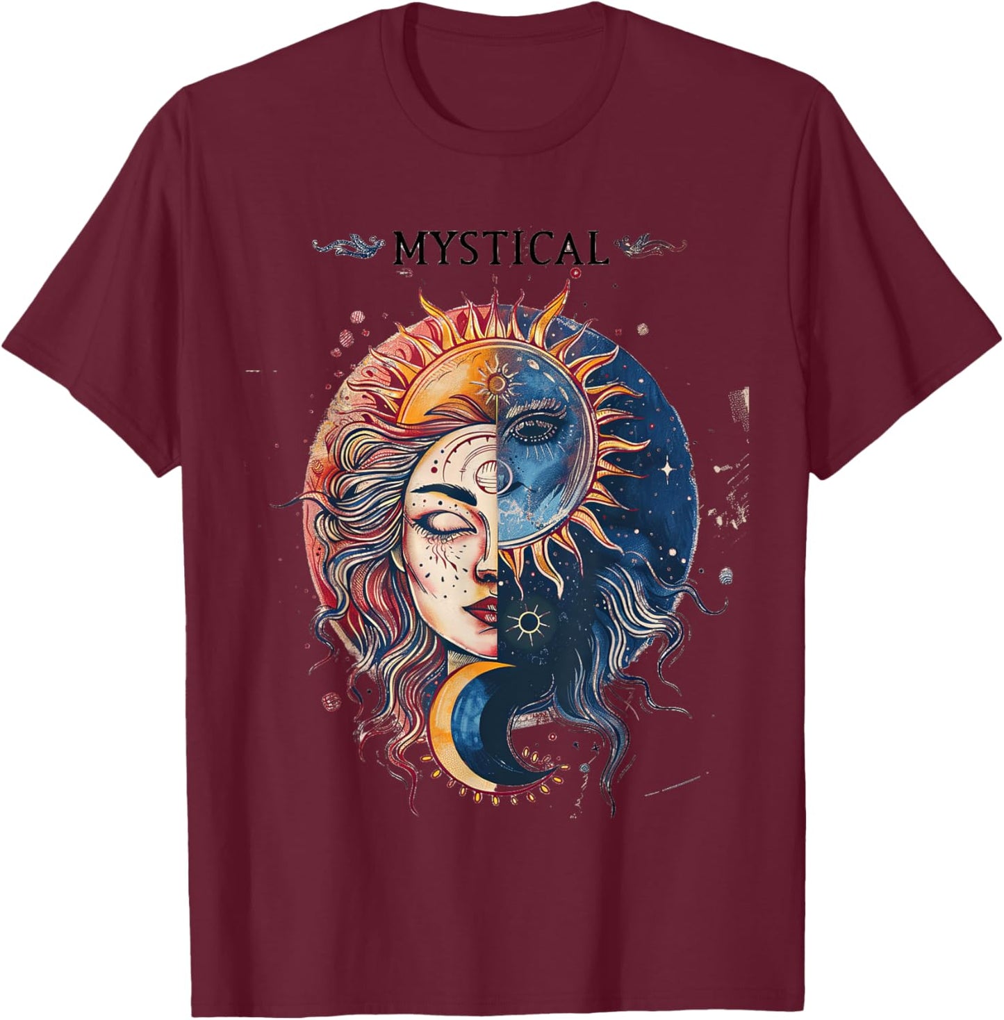 Mystical Sun and Moon Woman Mystic Flowers Aesthetic T-Shirt - T-Shirt | Maroon
