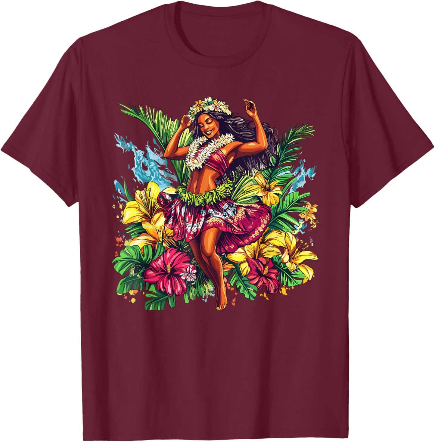 Tropical Hula Girl Dancing Hawaiian Flowers T-Shirt - T-Shirt | Maroon