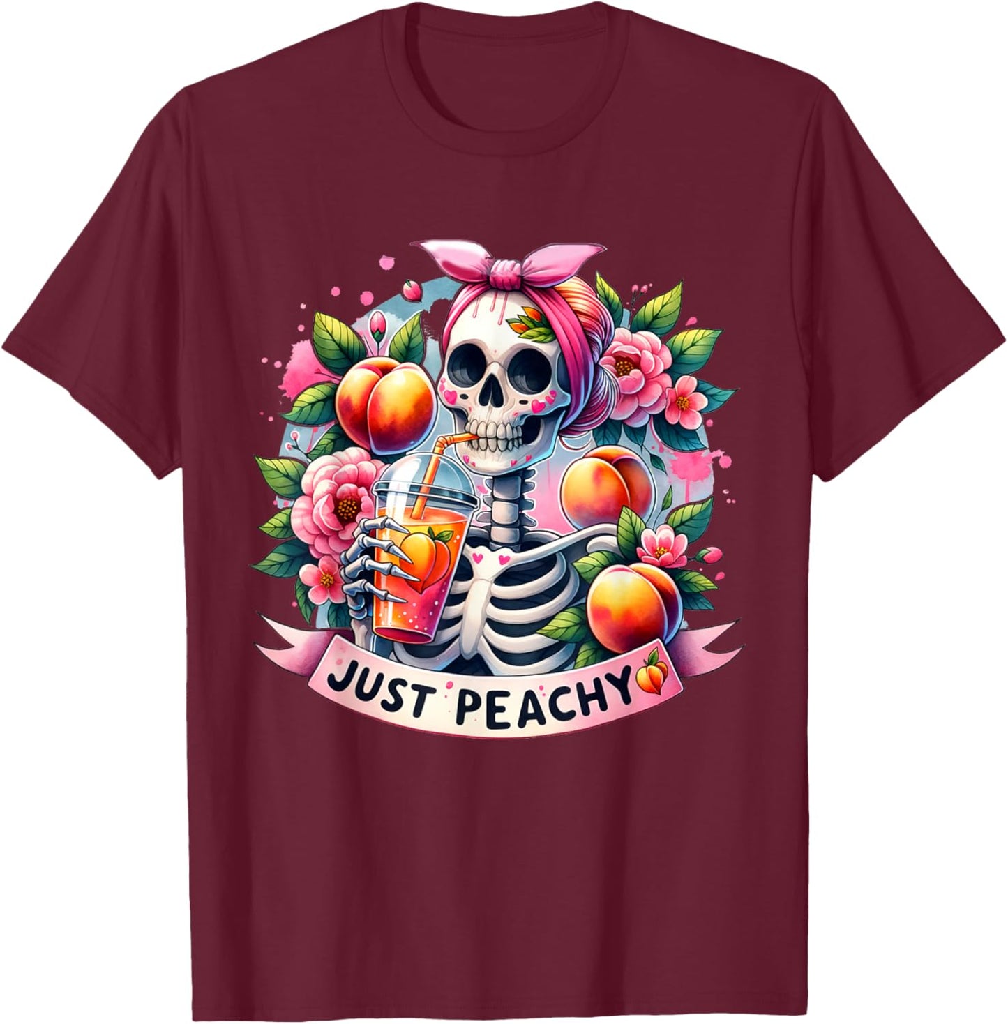 Just Peachy Skeleton Retro 70s Hippie Summer Vibes Funny Women T-Shirt - T-Shirt | Maroon