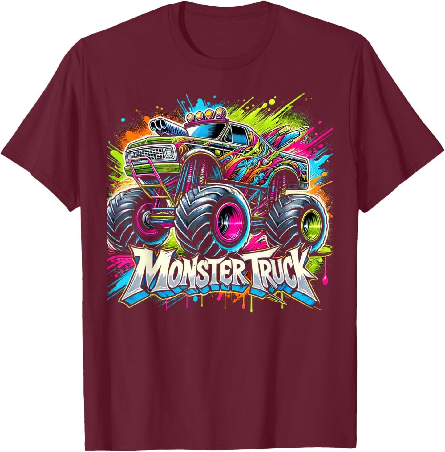 Monster Truck Retro Colorful Graffiti Toddlers Youth Adults T-Shirt - T-Shirt | Maroon