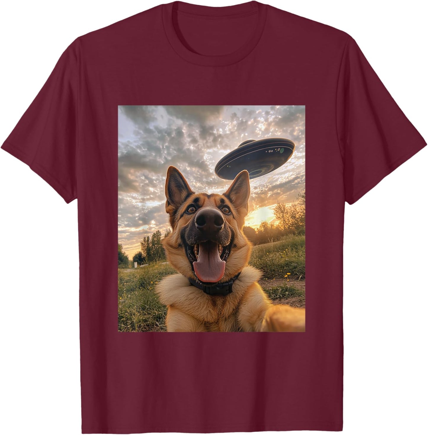 German Shepherd Dog Selfie with UFOs Aliens Funny Graphic T-Shirt - T-Shirt | Maroon