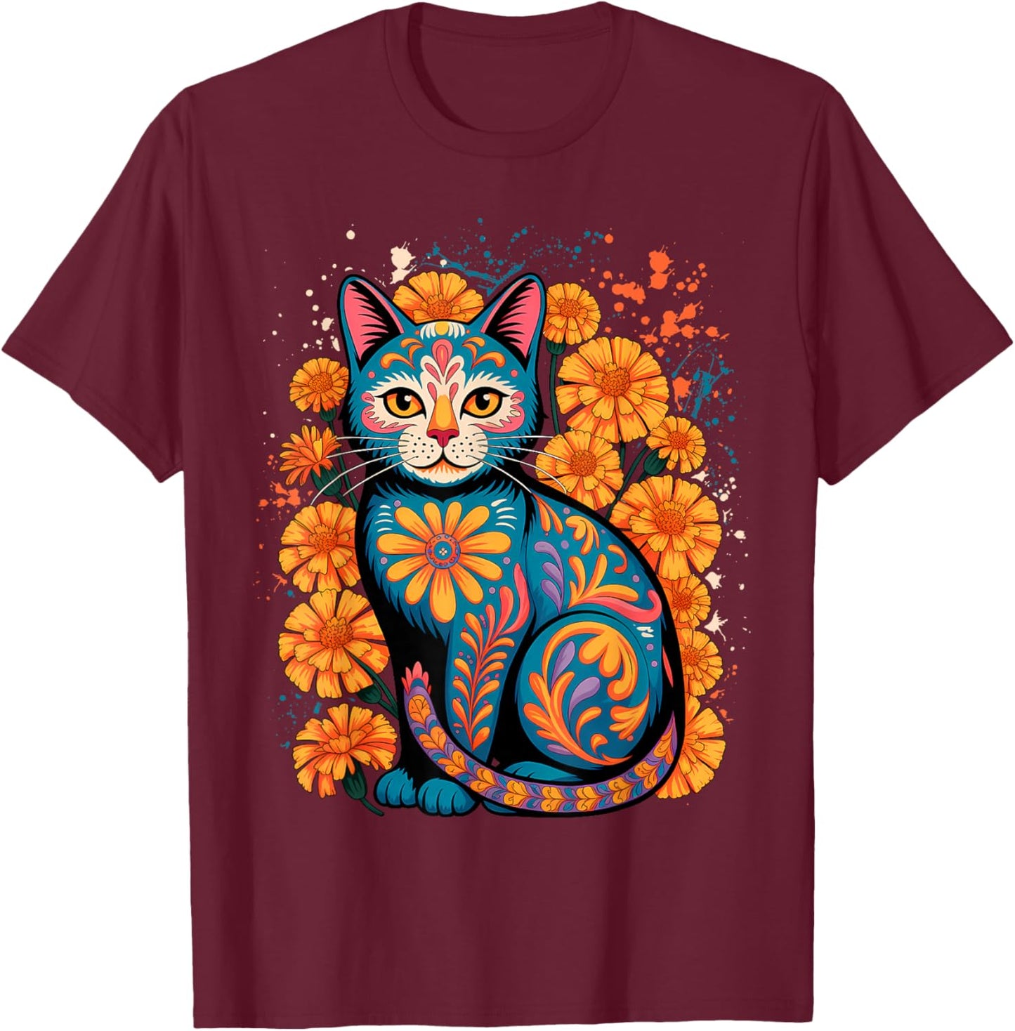 Alebrije Cat Flower Mexican Folk Art Sugar Skull Cute Kitten T-Shirt - T-Shirt | Maroon