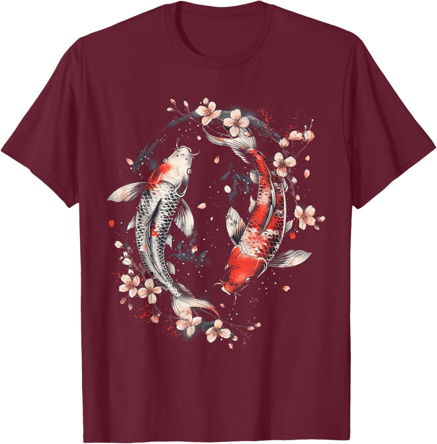 Cherry Blossom Koi Carp Fish Japanese Sakura Graphic Art T-Shirt - T-Shirt | Maroon