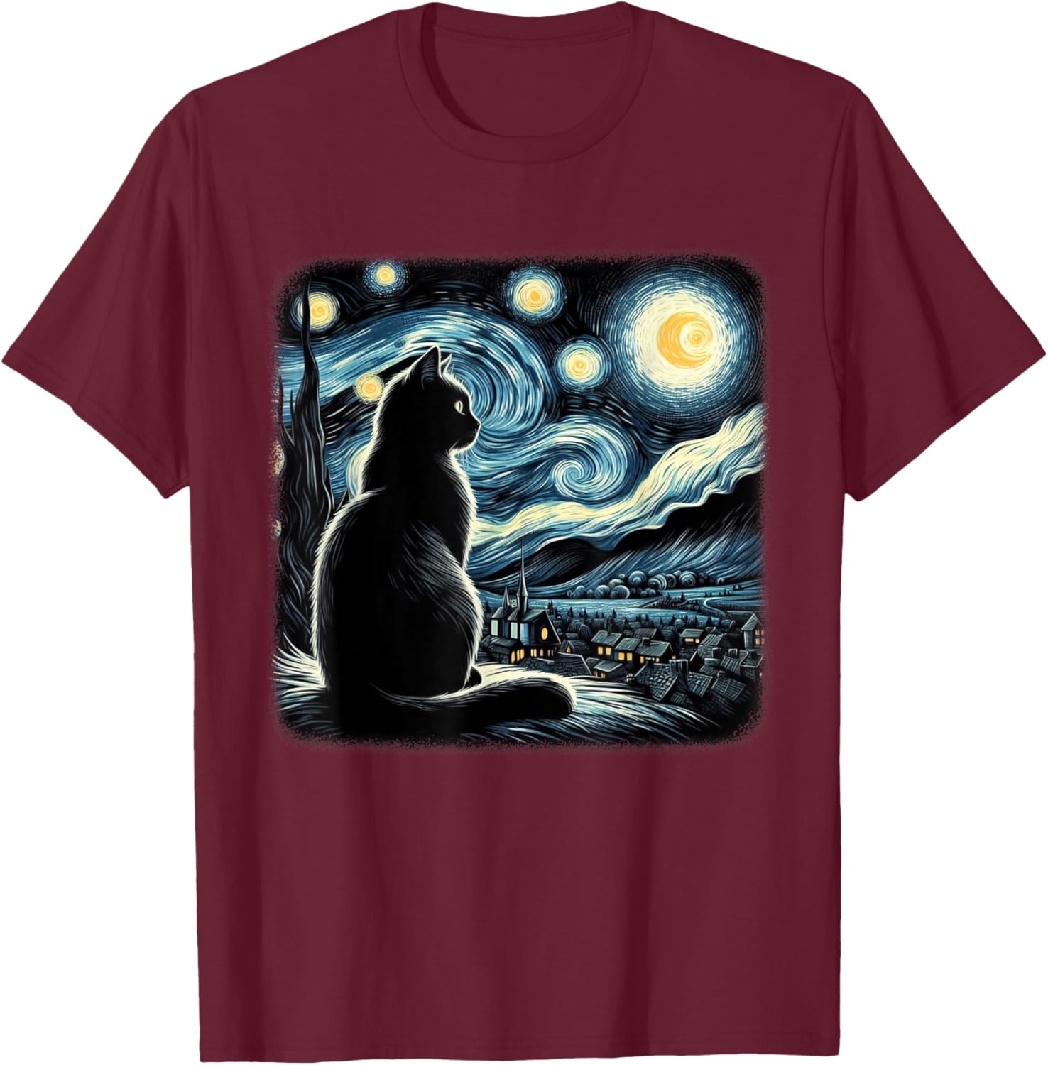 Van Gogh Starry Night Cat Art For Cat Lovers Cat Mom Cat Dad T-Shirt - T-Shirt | Maroon