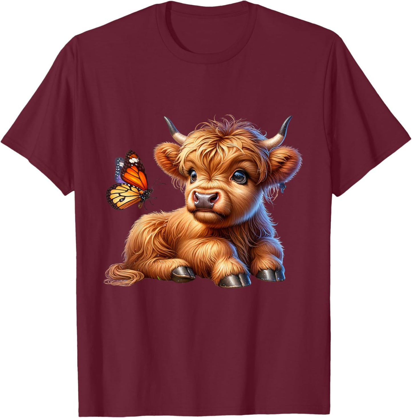 Cow, Scottish Highland Cow with Butterfly, Highland Cow T-Shirt - T-Shirt | Maroon