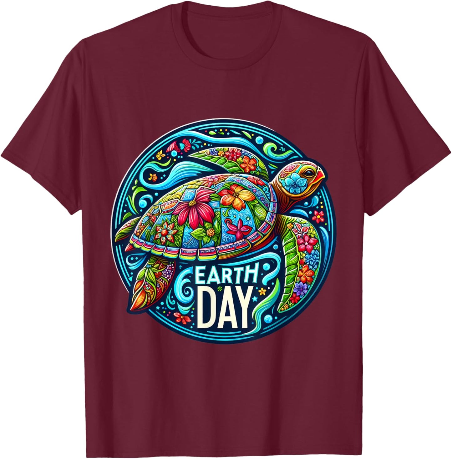 Floral Sea Turtle Earth Day Planet Art Animal Lover Artistic T-Shirt - T-Shirt | Maroon