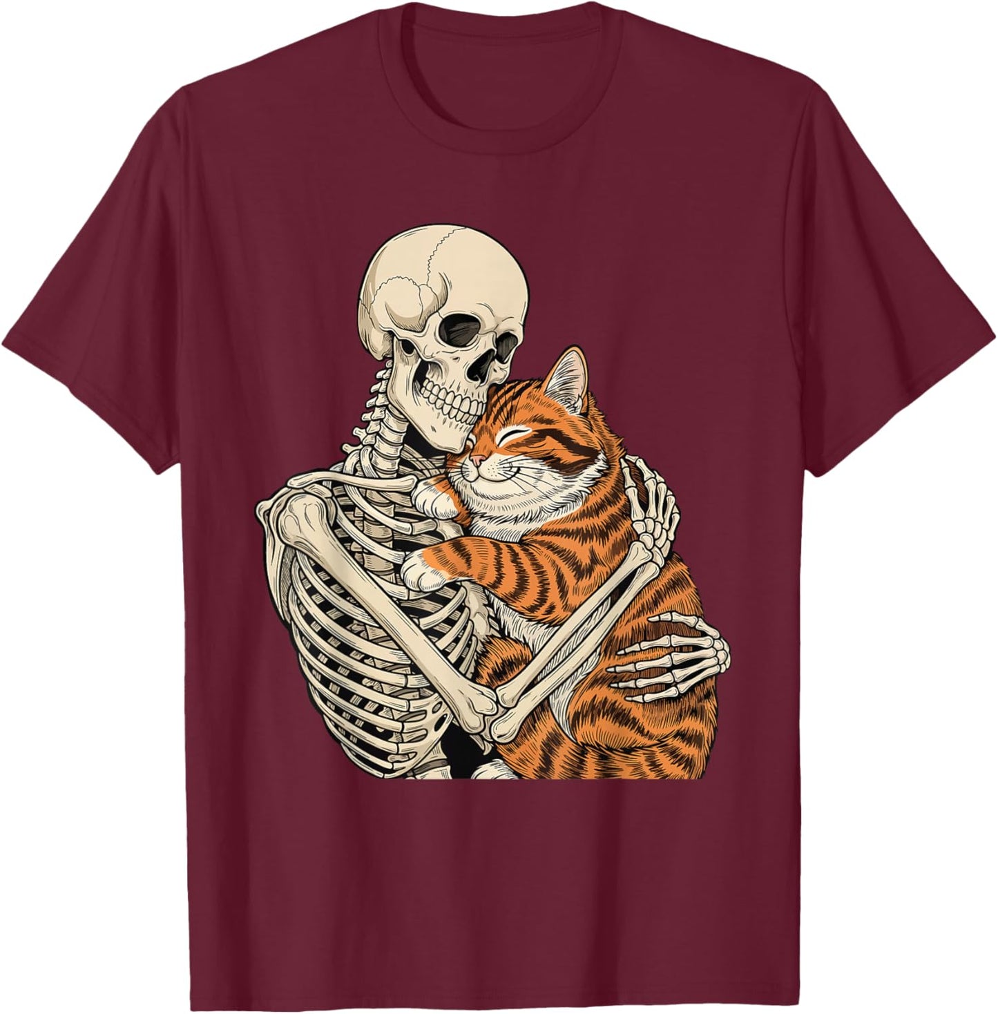 Skeleton Hugging Cat - Spooky Halloween Cat Lover Kitty T-Shirt - T-Shirt | Maroon