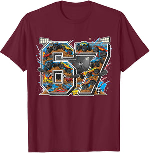 Monster Trucks 67 Meme Slang Filled Graphic Gen Alpha Z Kids T-Shirt - T-Shirt | Maroon