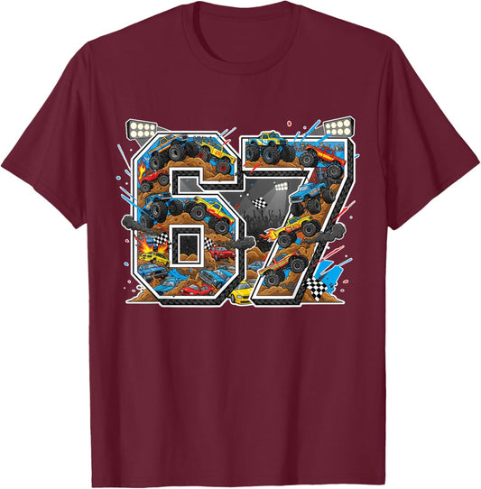 Monster Trucks 67 Meme Slang Filled Graphic Gen Alpha Z Kids T-Shirt - T-Shirt | Maroon