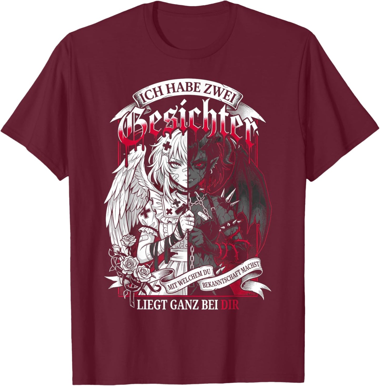 Zwei Gesichter Engel Dämon Anime Manga Spruch T-Shirt - T-Shirt | Maroon