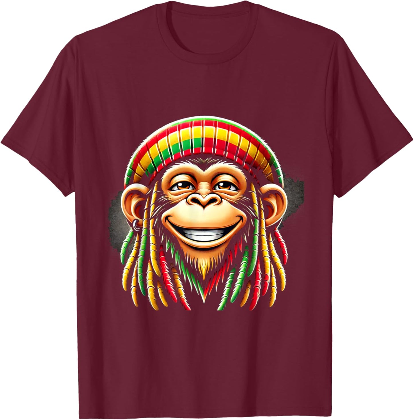 Monkey Rasta Green, Yellow, Red Animal Theme Jungle Art Monkey T-Shirt - T-Shirt | Maroon