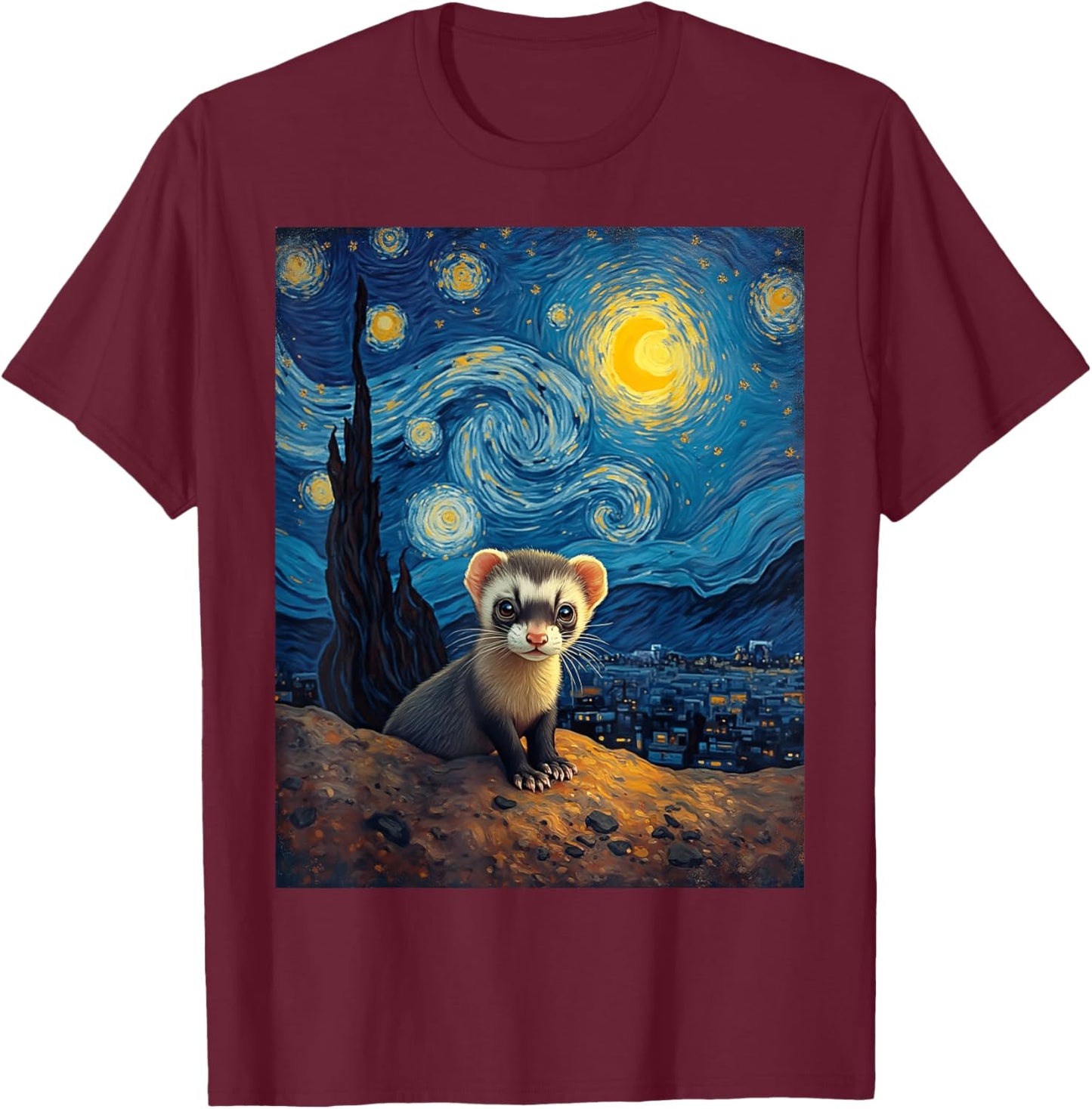 Van Gogh's Starry Night Black-Footed Ferret Prairie Ghost T-Shirt - T-Shirt | Maroon