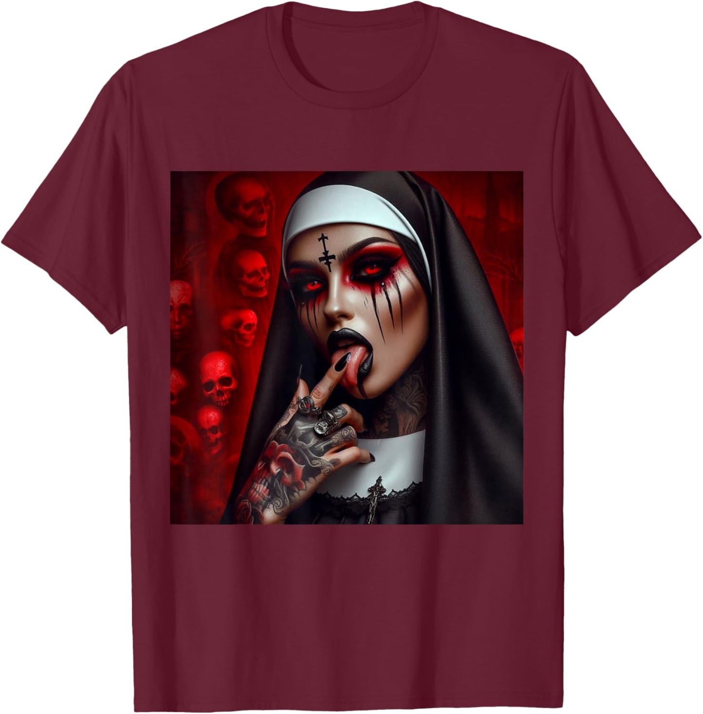 Gothic Aesthetically Occulte Unholy Grunge Emo Punk Nun T-Shirt - T-Shirt | Maroon