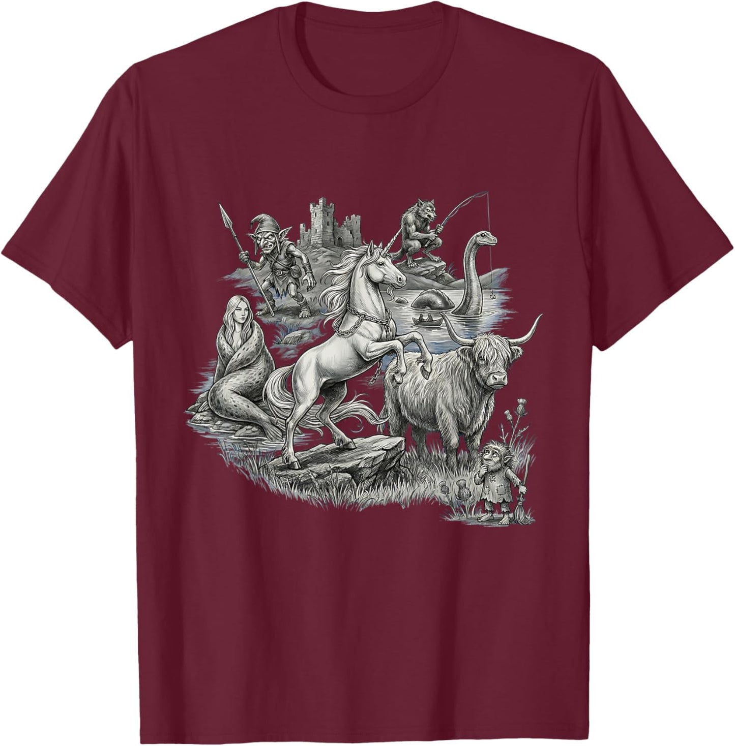 Scottish Folklore Mythical Creatures Unicorn Nessie Selkie T-Shirt - T-Shirt | Maroon