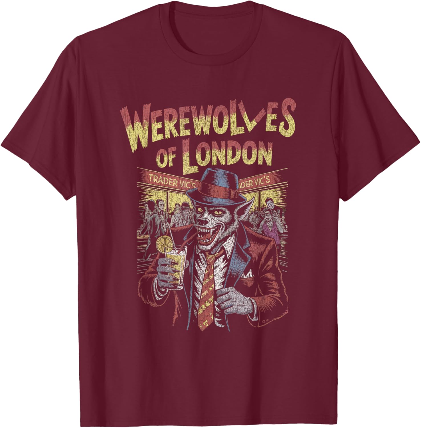 Werewolf of London Drinking Cocktail in Nightclub Scene T-Shirt - T-Shirt | Maroon