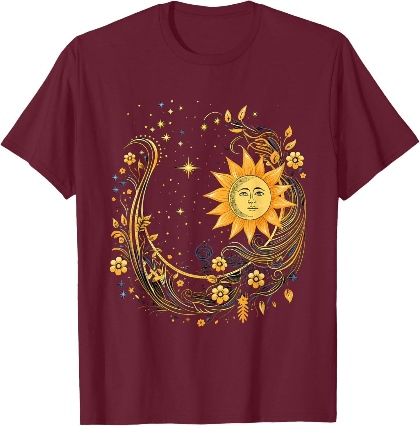 Mystical Sun and Moon with Woman Mystical Flowers Aesthetic T-Shirt - T-Shirt | Maroon