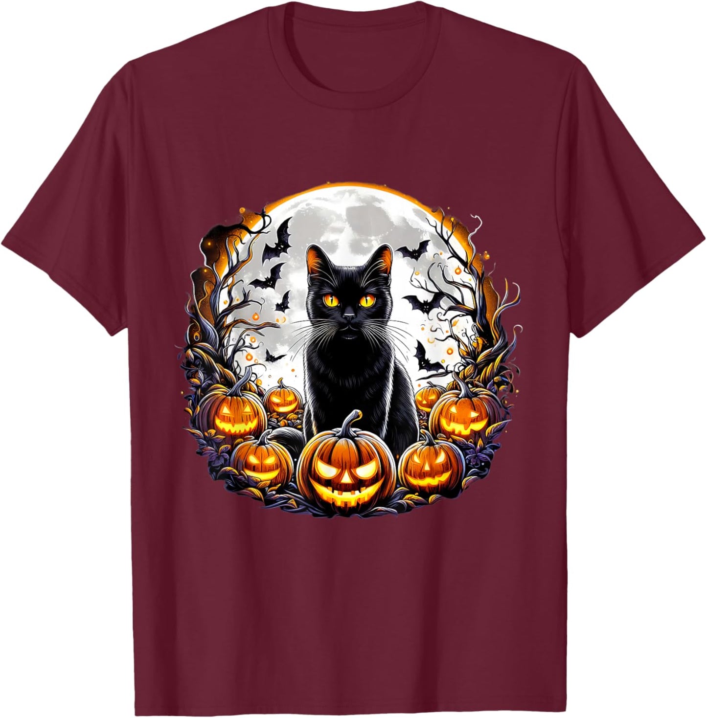 Black Cat Halloween Full Moon Bat Pumpkin Night Scary Women T-Shirt - T-Shirt | Maroon