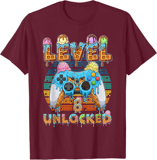 Level 8 Unlocked Gamer Birthday Ice Cream Retro Arcade T-Shirt - T-Shirt | Maroon