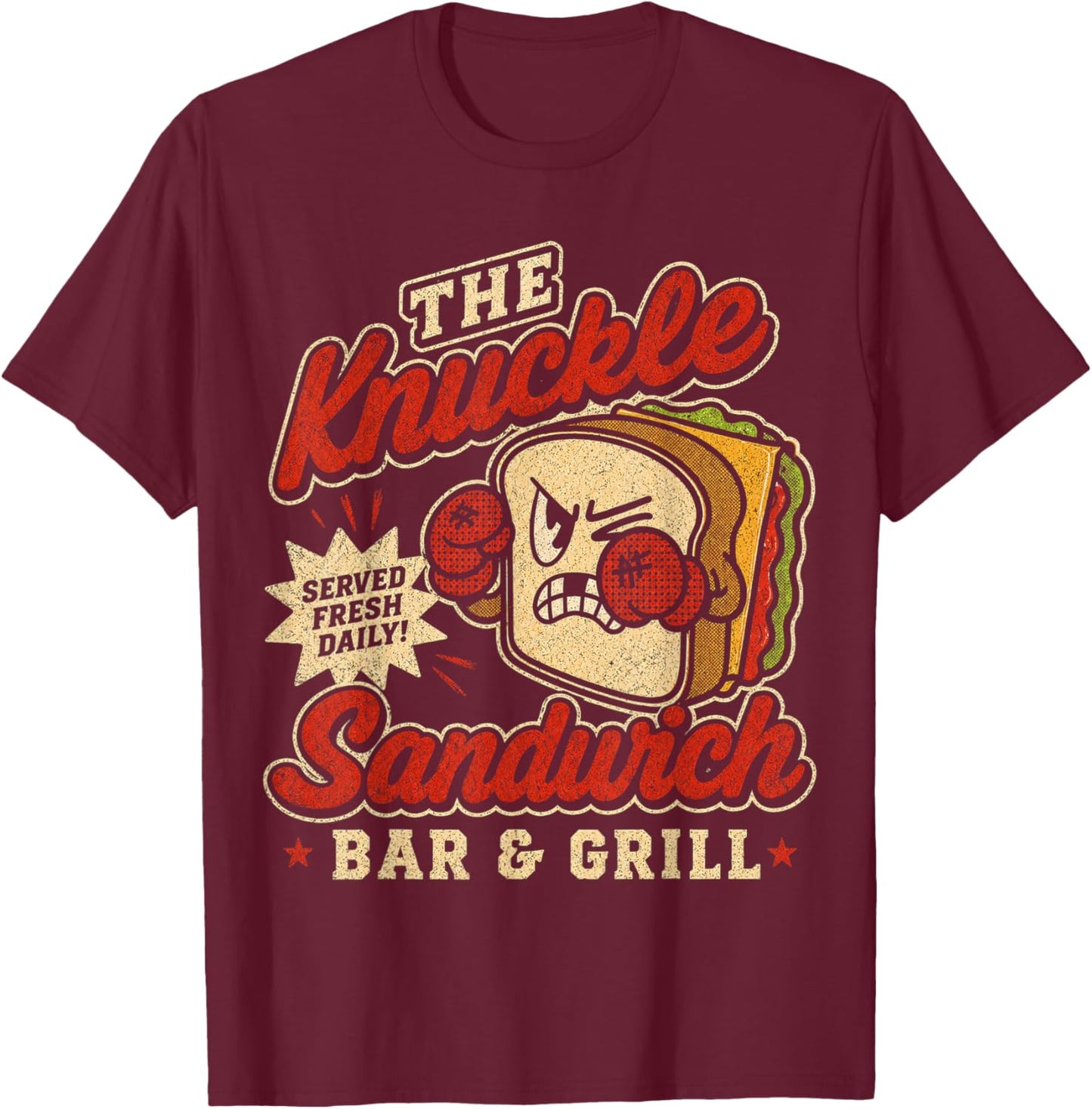 Funny The Knuckle Sandwich Bar & Grill Fighting Joke Bar T-Shirt - T-Shirt | Maroon