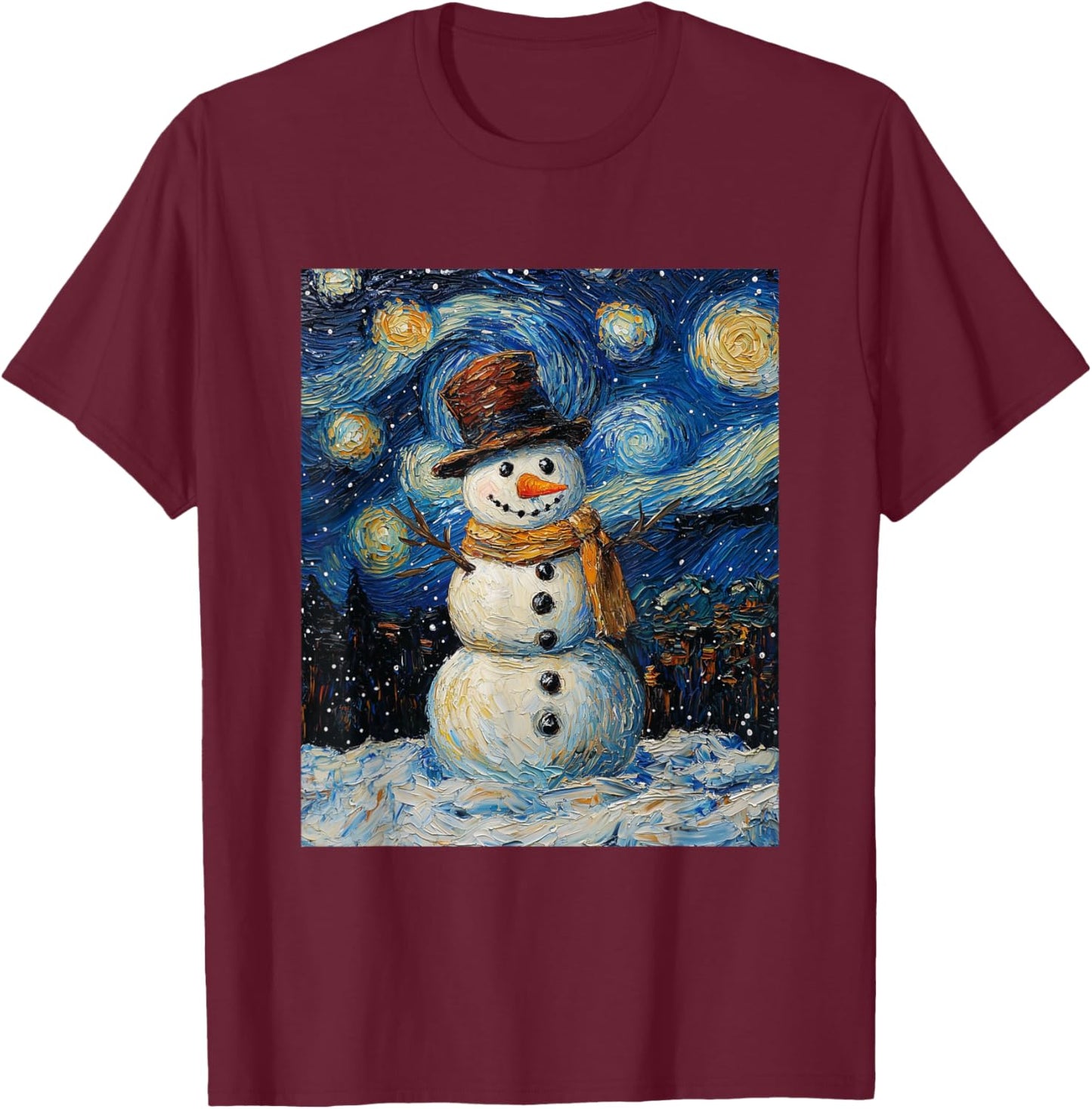 Snowman - Van Gogh Style - Starry Night - Funny Graphic T-Shirt - T-Shirt | Maroon