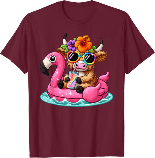 Highland Cow Flamingo Pool Float Summer Hawaii Beach Family T-Shirt - T-Shirt | Maroon