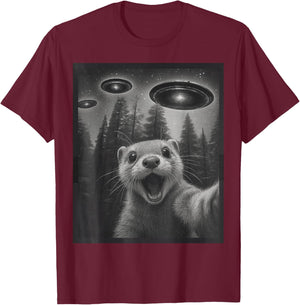 Funny Ferret Selfie Alien UFO Gifts Women Boy Kid T-Shirt - T-Shirt | Maroon