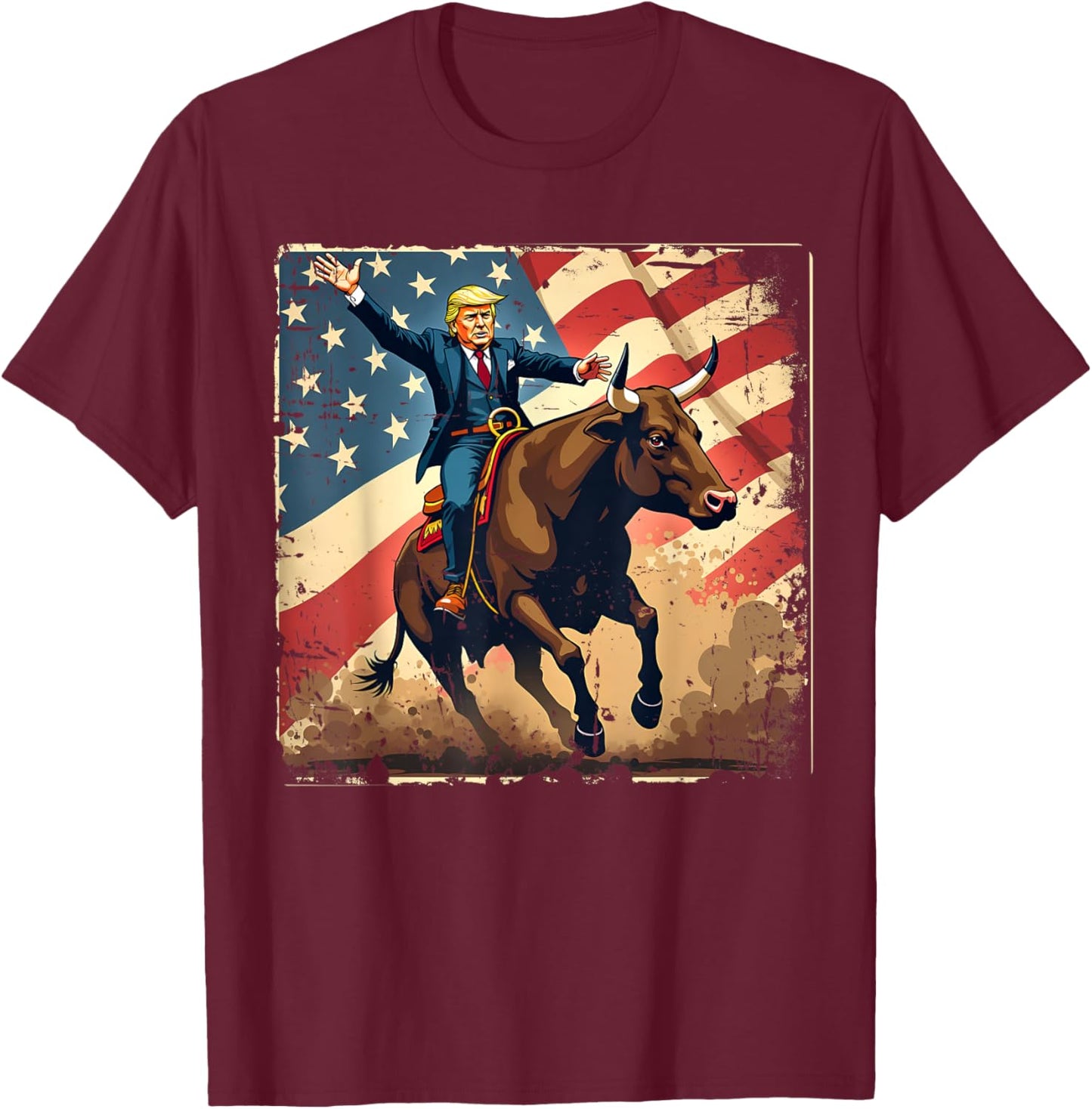 Trump Bull Rider American Flag USA Riding Rodeo Cowboy T-Shirt - T-Shirt | Maroon