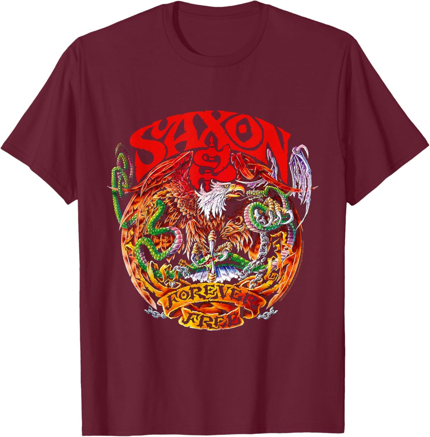 Official Saxon Heavy Metal Forever Free Album Vintage T-Shirt - T-Shirt | Maroon