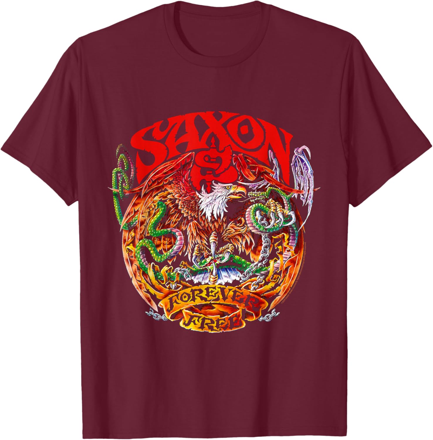 Official Saxon Forever Free Heavy Metal Band Retro Album T-Shirt - T-Shirt | Maroon