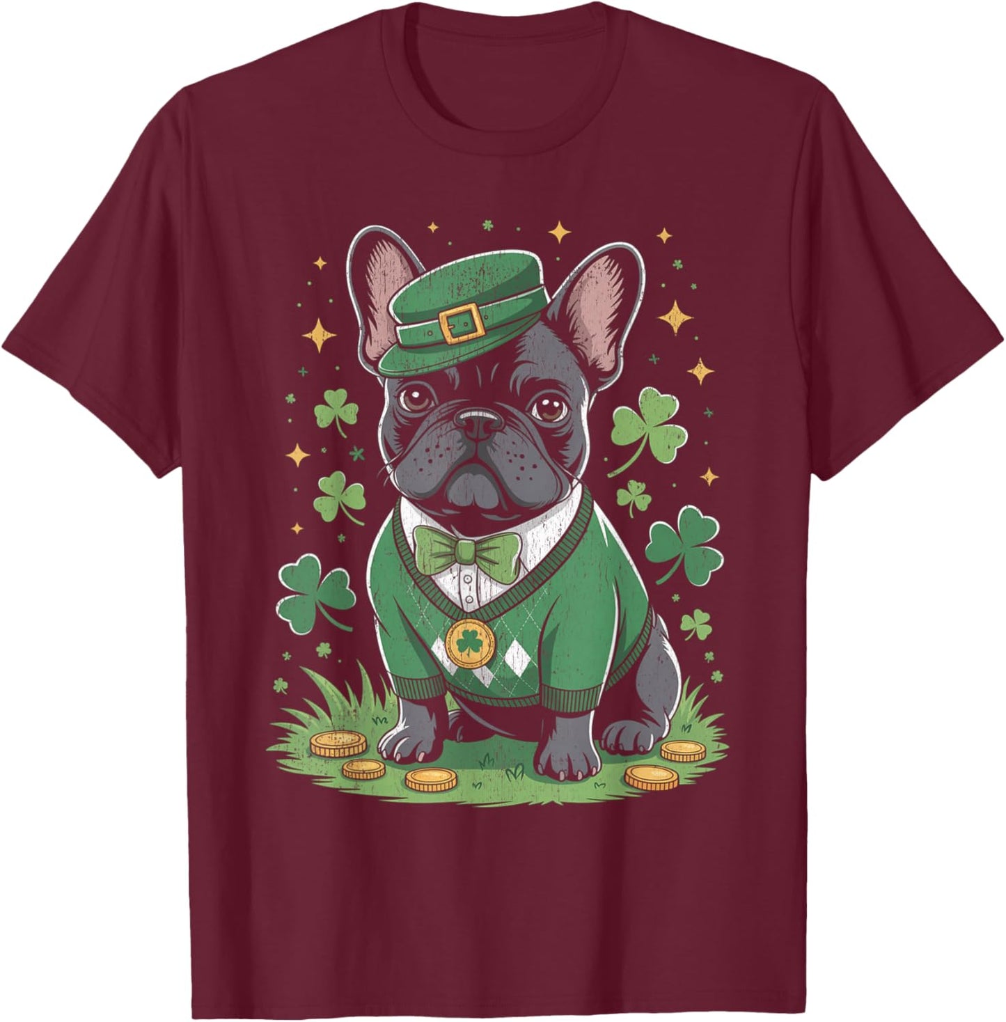 St. Patrick Bouledogue français drôle Frenchie Trèfle T-Shirt - T-Shirt | Maroon