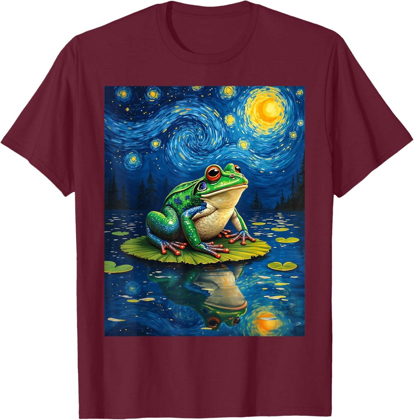 Van Gogh's Starry Night Frog Pond Jumper Animal Lovers T-Shirt - T-Shirt | Maroon