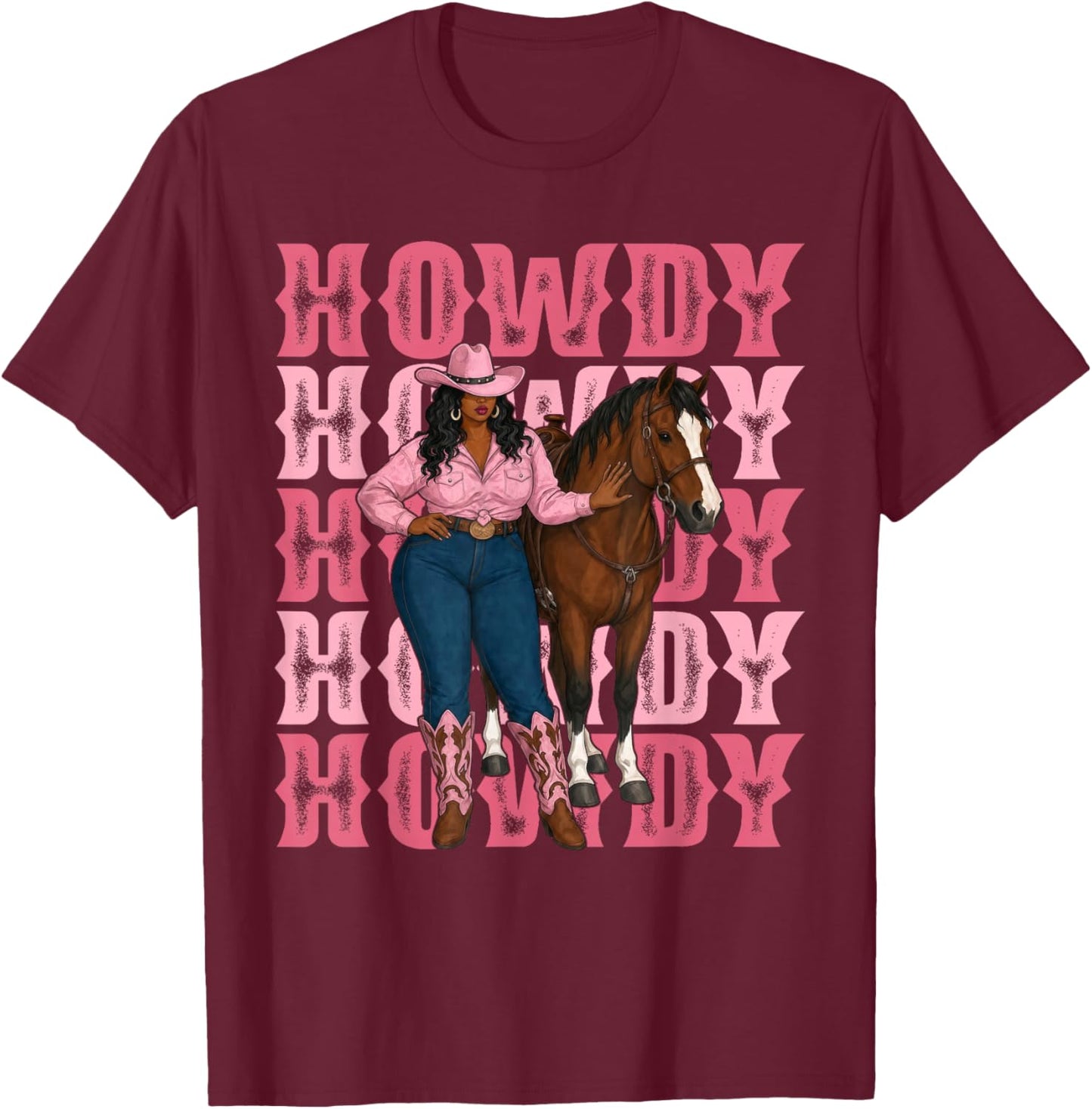 Howdy Cowgirl Western Rodeo Black Woman with Horse T-Shirt - T-Shirt | Maroon