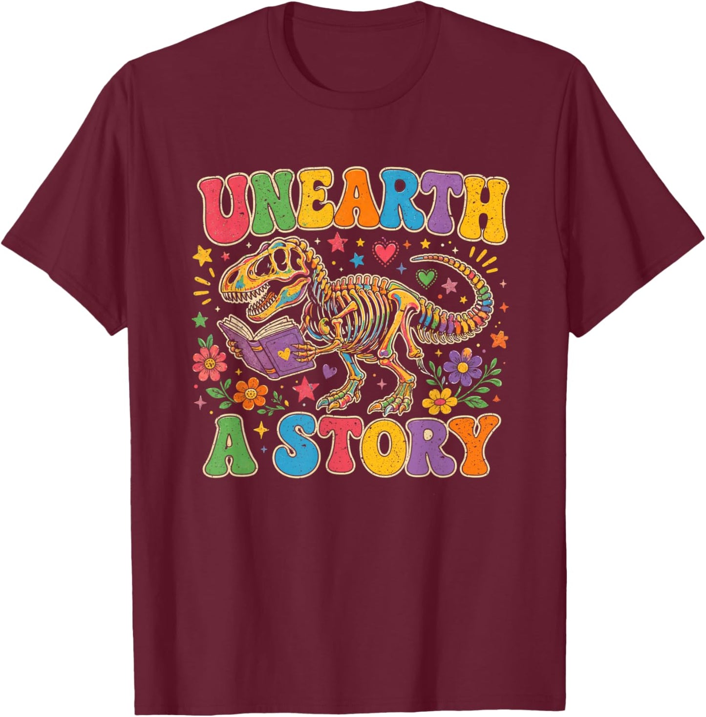 Unearth a Story Summer Library Reading 2026 Dino Skeleton T-Shirt - T-Shirt | Maroon