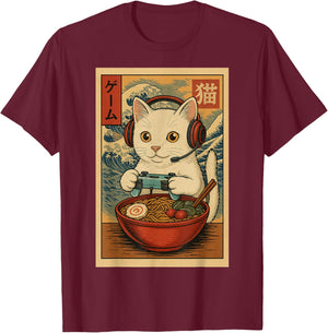 Kawaii Anime Gamer Cat Ramen Retro Japanese Gaming Funny T-Shirt - T-Shirt | Maroon