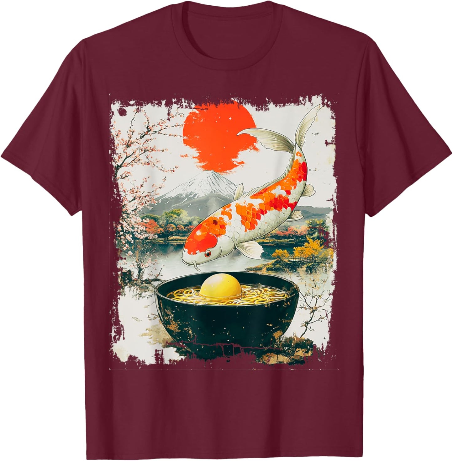 Kawaii Anime Koi Fish Eating Ramen Funny Japanese Graphic T-Shirt - T-Shirt | Maroon