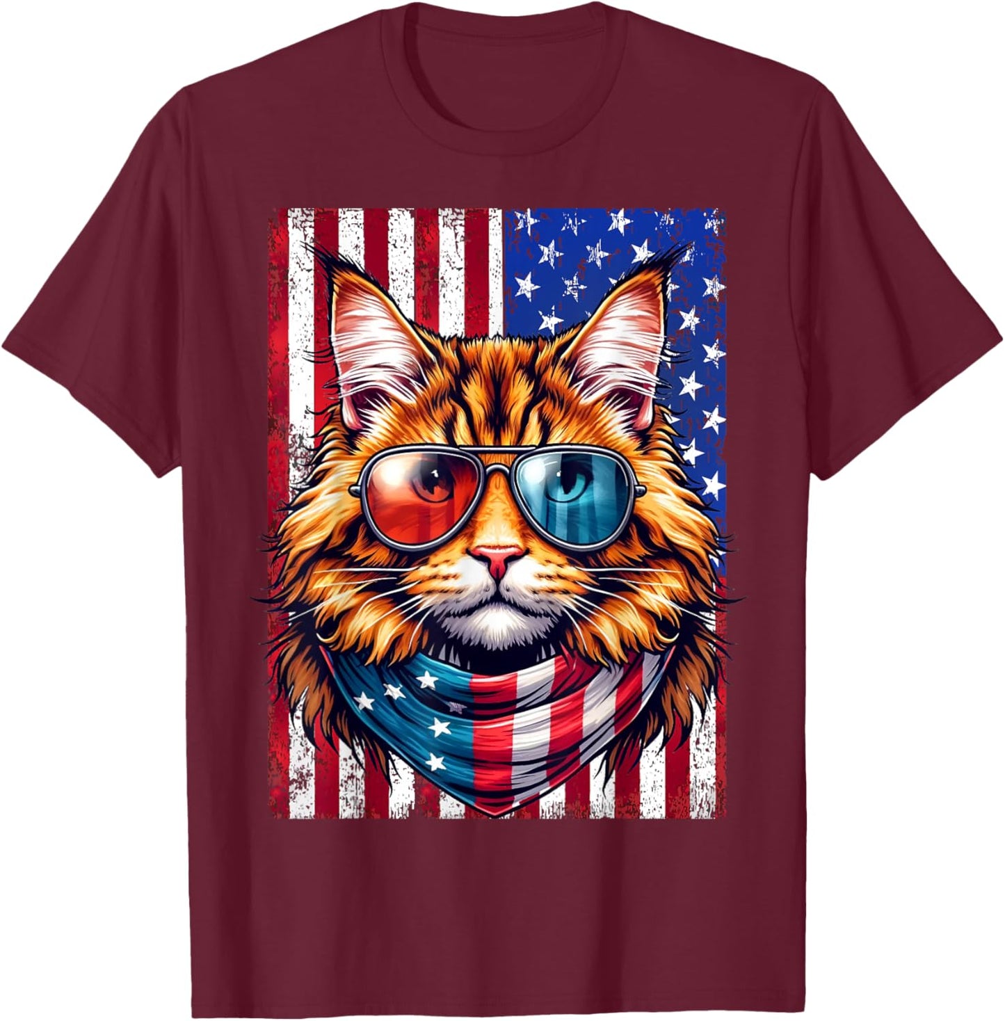 Maine Coon Wearing USA Flag Cat Lover Patriotic 4th of July T-Shirt - T-Shirt | Maroon
