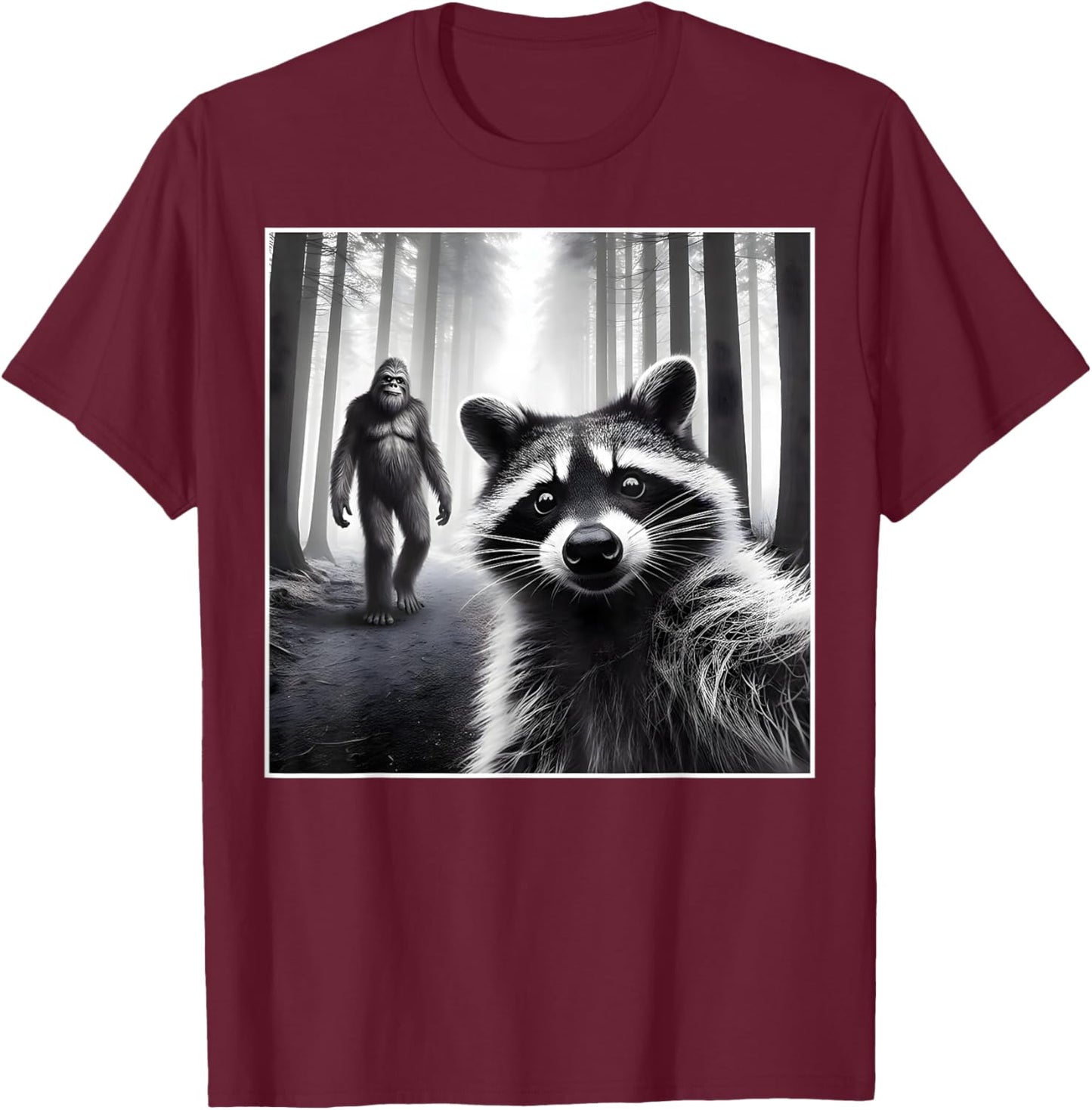 Scared Raccoon Selfie with Sasquatch Bigfoot Funny Raccoon T-Shirt - T-Shirt | Maroon