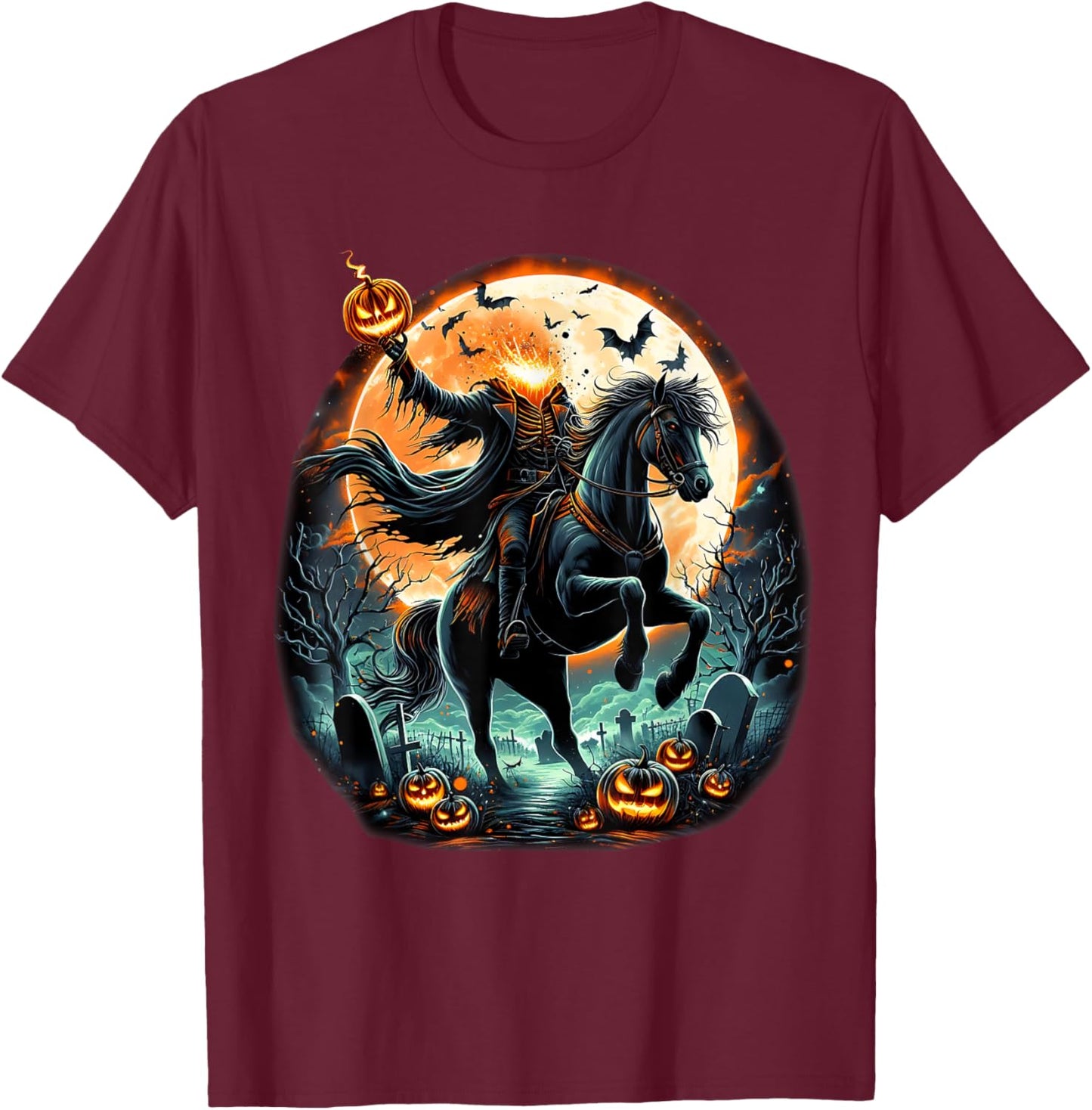 Pumpkin Headless Horseman Scary Halloween T-Shirt - T-Shirt | Maroon