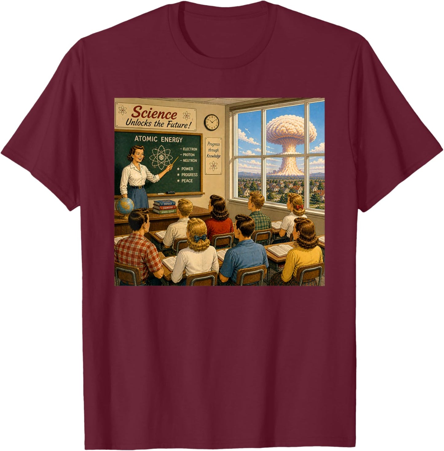 1950s Classroom Atomic Bomb Science Future Ironic Scene T-Shirt - T-Shirt | Maroon