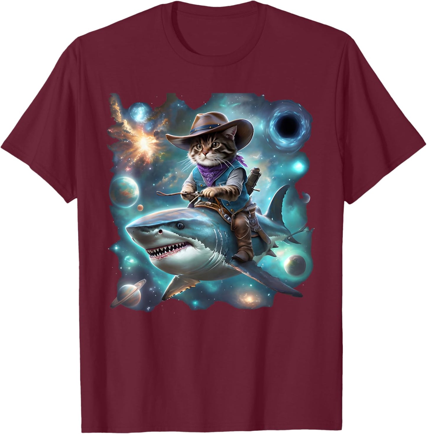 Cat Riding Shark Rainbow Galaxy Cat Cowboy Shark Humor T-Shirt - T-Shirt | Maroon