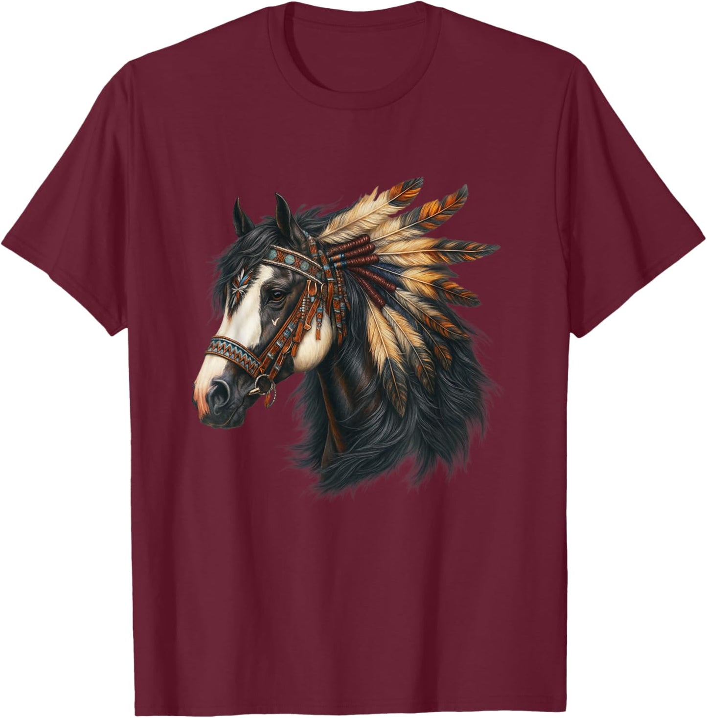 Native American - Chief Headdress Horse Colored Indian T-Shirt - T-Shirt | Maroon