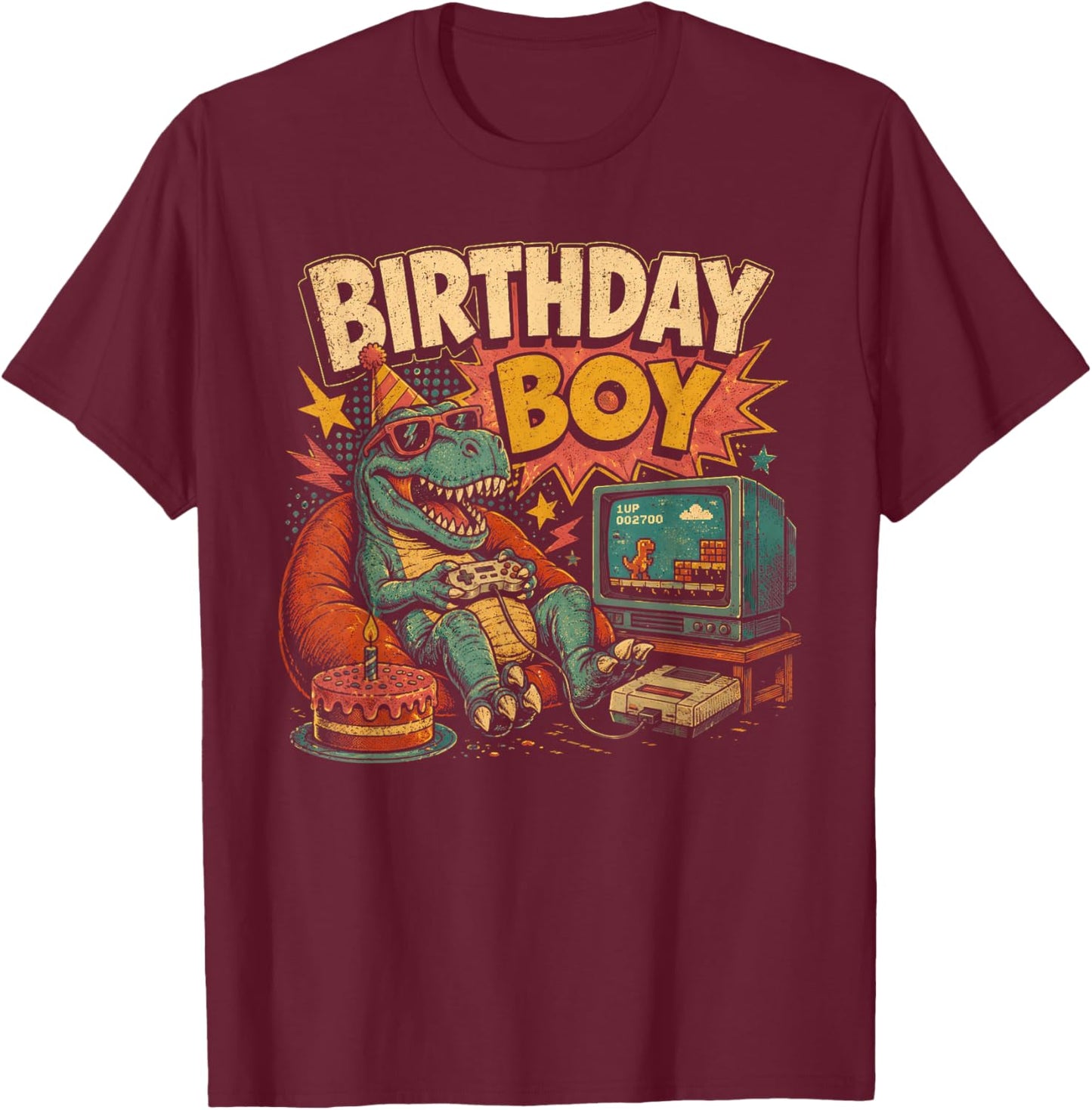 Funny T Rex Birthday Boy Gamer Men Boys Teens Gaming Gifts T-Shirt - T-Shirt | Maroon