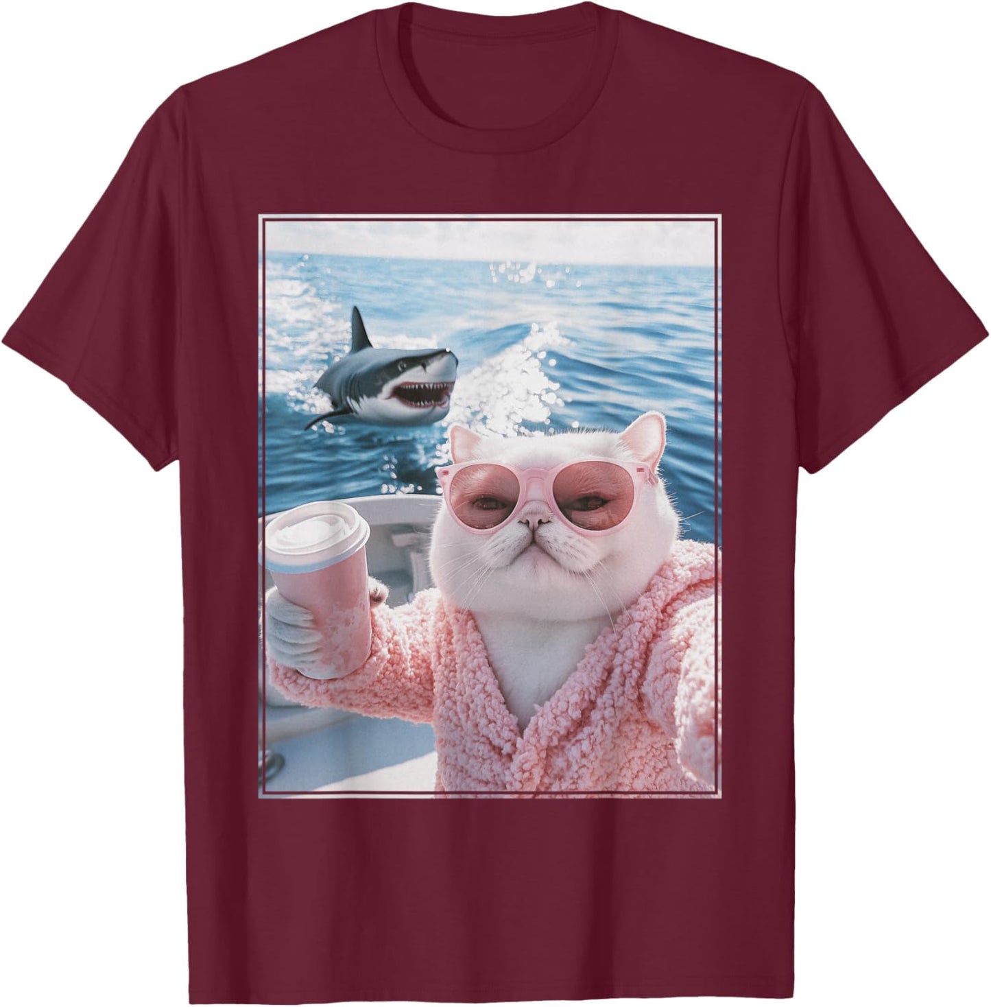 Fat Cat on a Yacht Boat with Shark Cool Funny Cat Meme T-Shirt - T-Shirt | Maroon