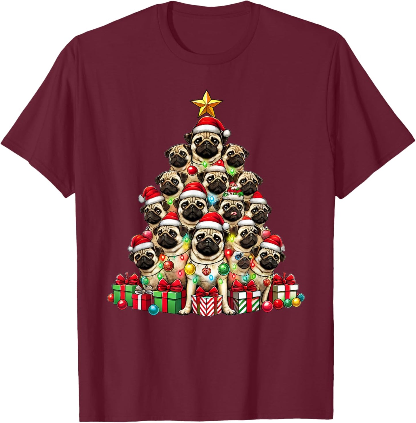 Dog Pug Christmas Tree Funny Pug Xmas T-Shirt - T-Shirt | Maroon